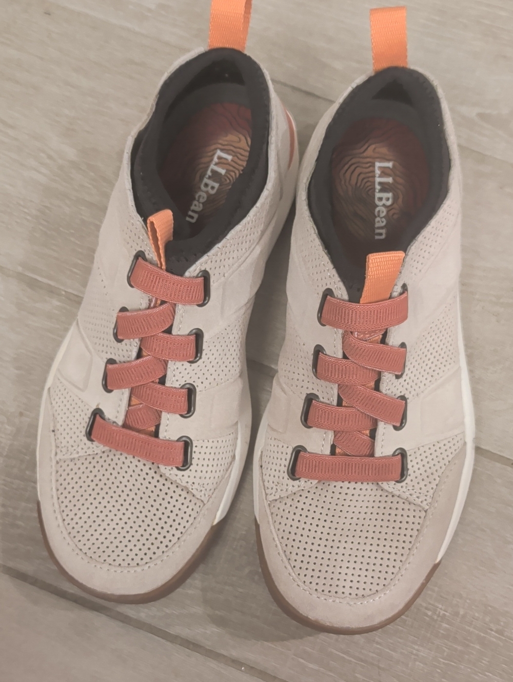 L.L. Bean Women's Perforated Athletic Sneakers in Light Beige with Coral Accents